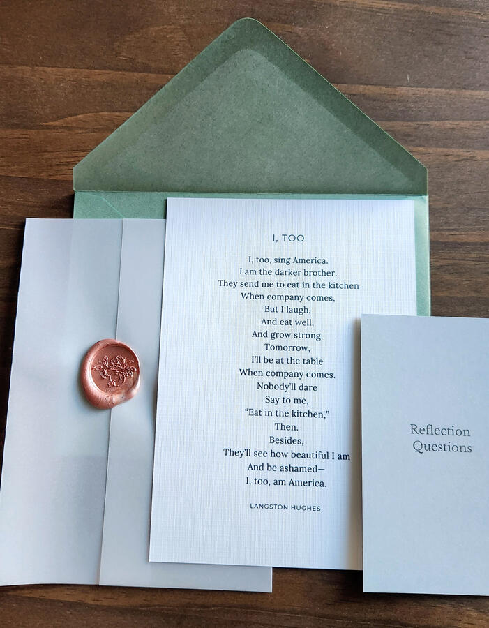 Image of a green envelope with the poem "I, Too" alongside a blue card with reflection questions.